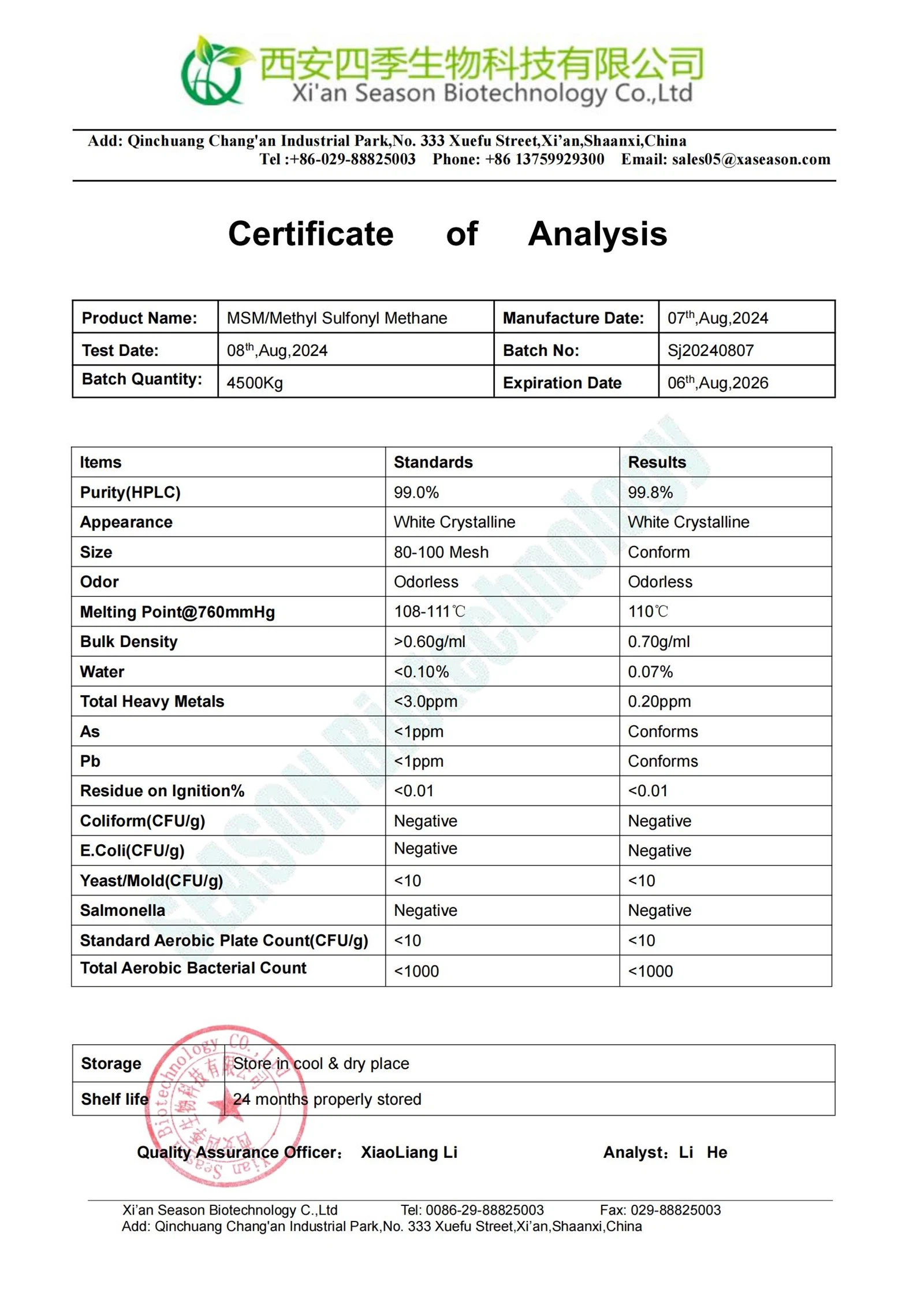 methyl sulfonyl methane MSM Powder COA00 methyl sulfonyl methane MSM Powder COA00